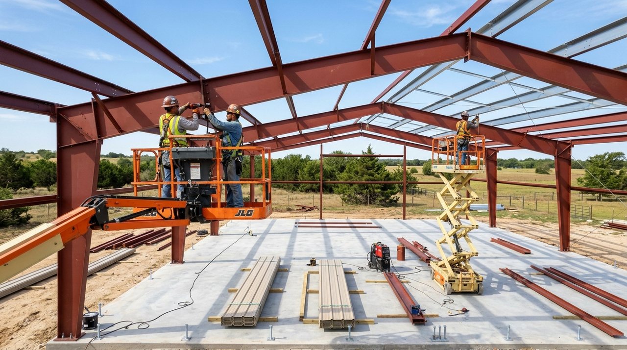 Stage 4: Red-iron and weld-up steel building erection on cured monolithic slab